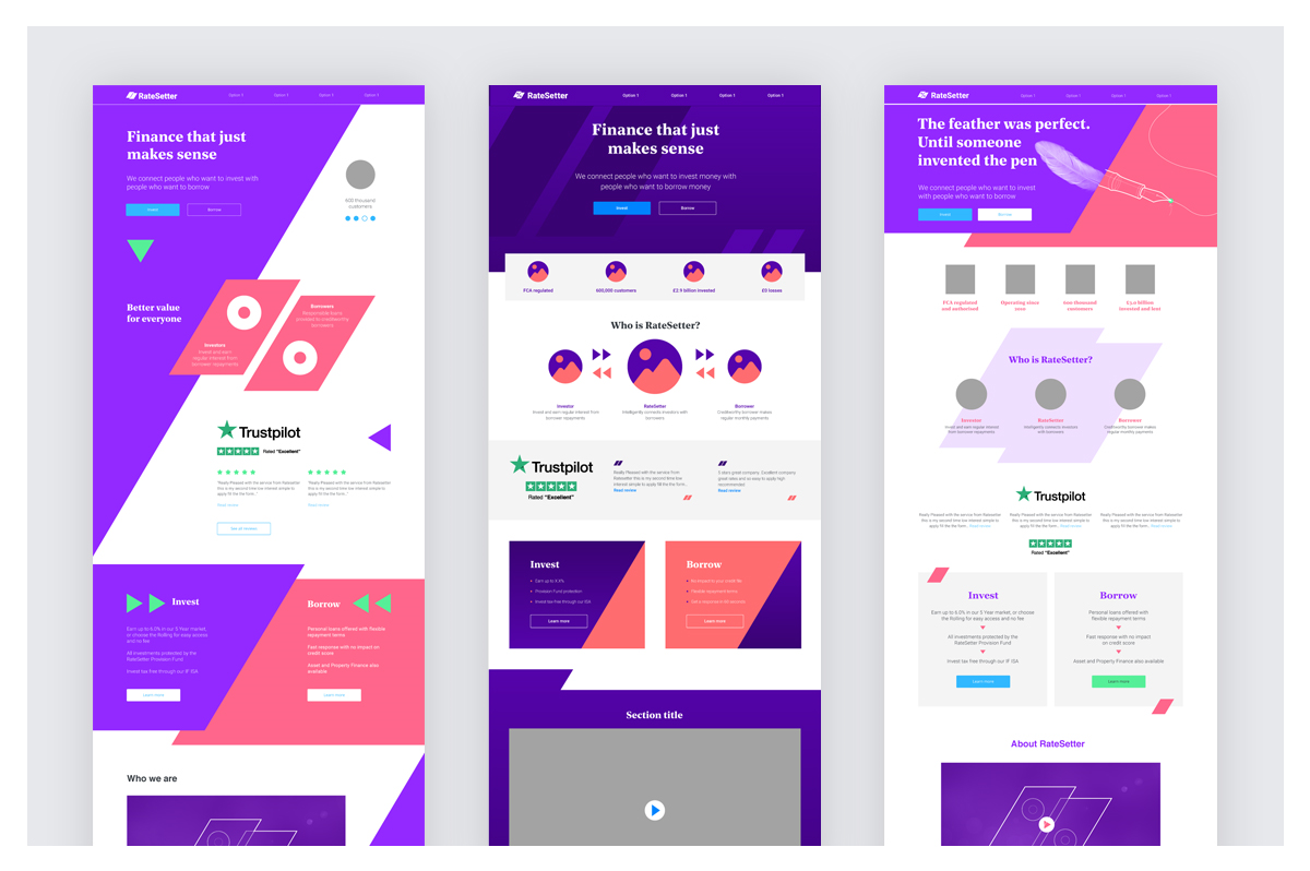 RateSetter rebranded homepage design concepts