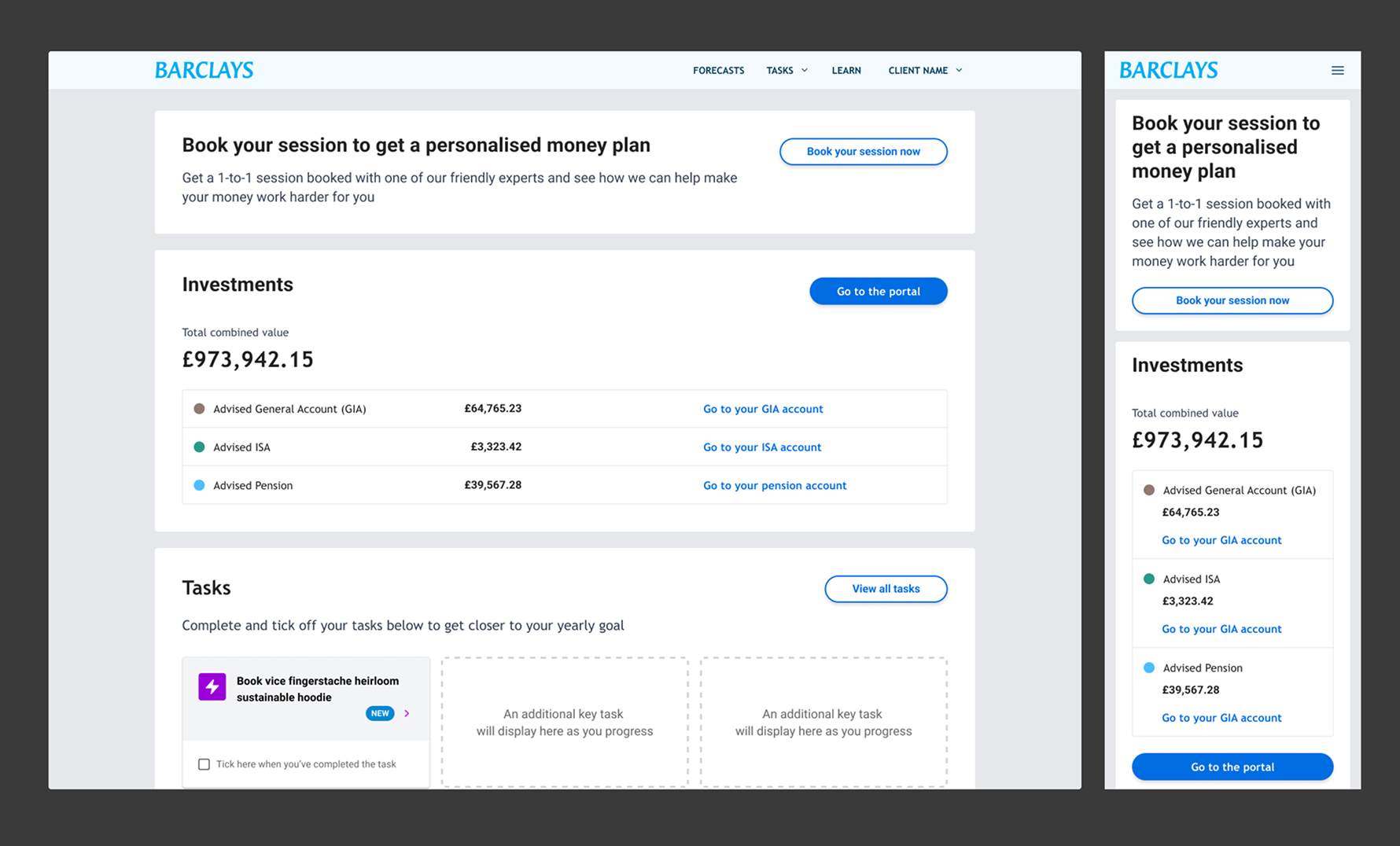 Investing clients homescreen with Barclay's styling